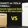 Side-by-side comparison of Ola Shakti Vs Tesla Powerwall battery units with headline text asking if Bhavish Aggarwal can beat Elon Musk in home energy innovation