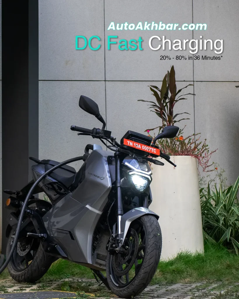 Raptee T30 electric motorcycle connected to a CCS2 DC fast charging station in India