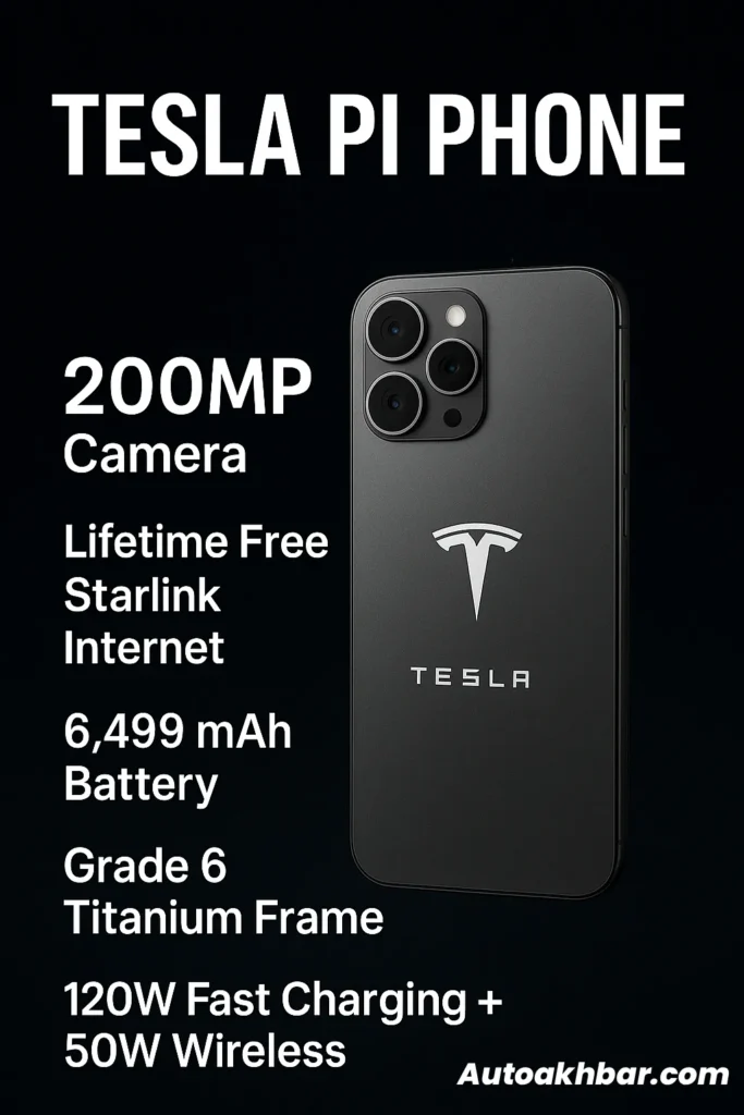 Tesla Pi Phone 2025 specifications – 200MP camera, 12GB RAM, 1TB storage, Starlink internet, and 120W charging.