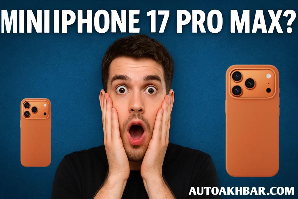 Shocked man looking at iPhone 17 Pro Max and Mini iPhone 17 Pro Max concept