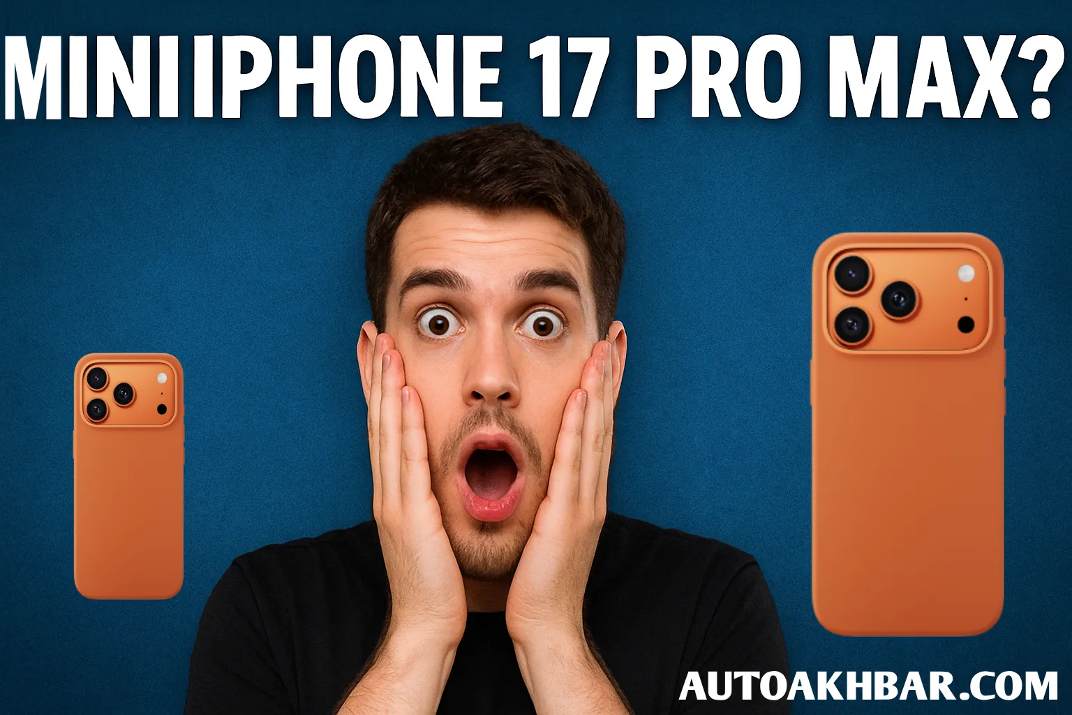 Shocked man looking at iPhone 17 Pro Max and Mini iPhone 17 Pro Max concept