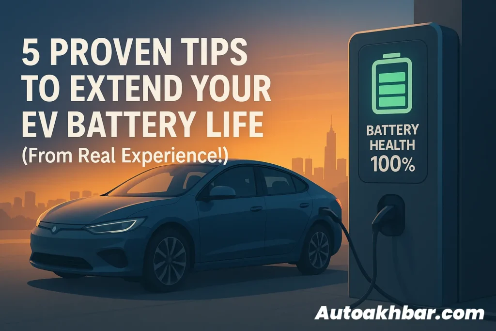 Electric car charging at an EV station during sunset with text "5 Proven Tips to Extend Your EV Battery Life (From Real Experience!)"