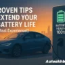 Electric car charging at an EV station during sunset with text "5 Proven Tips to Extend Your EV Battery Life (From Real Experience!)"