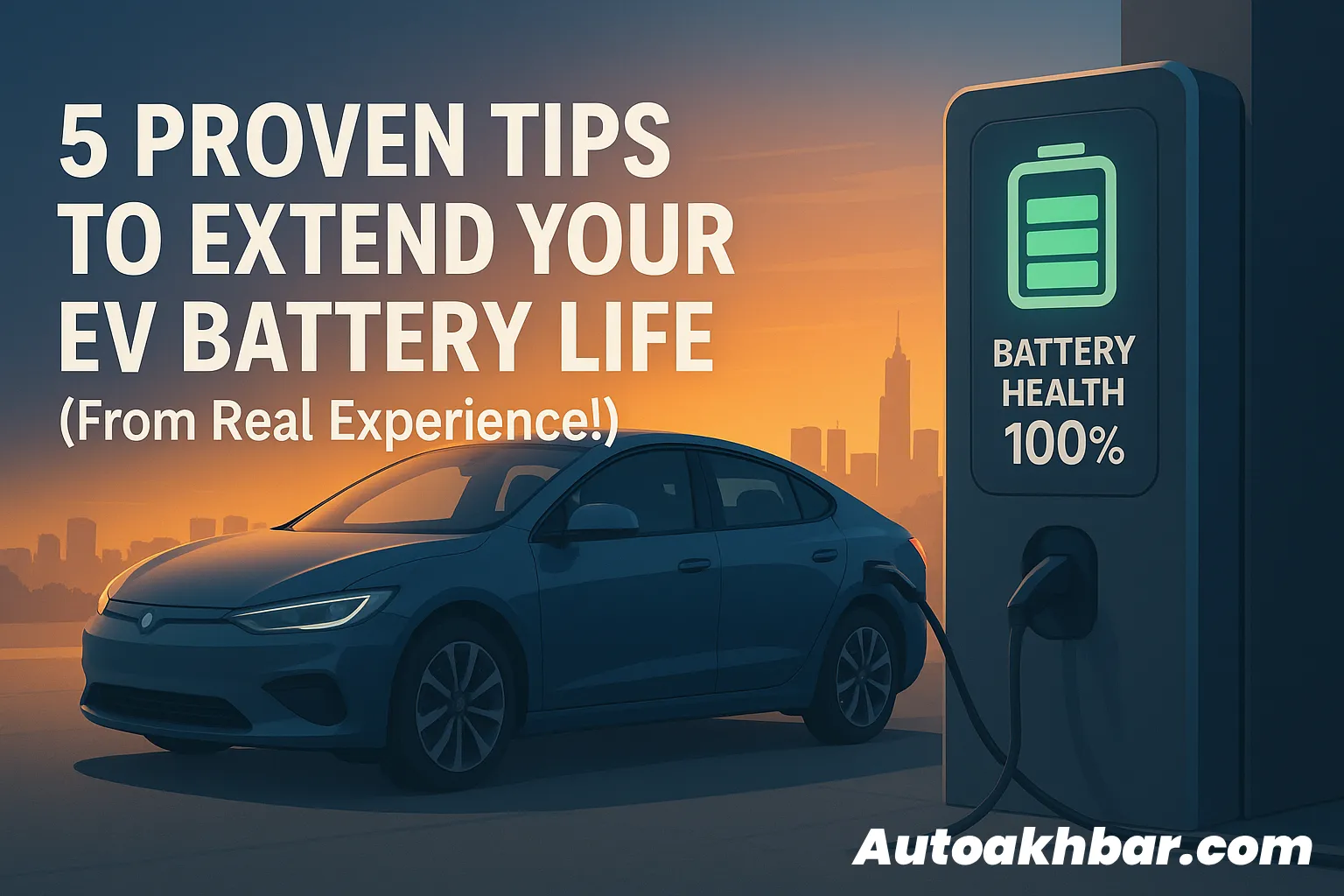 Electric car charging at an EV station during sunset with text "5 Proven Tips to Extend Your EV Battery Life (From Real Experience!)"