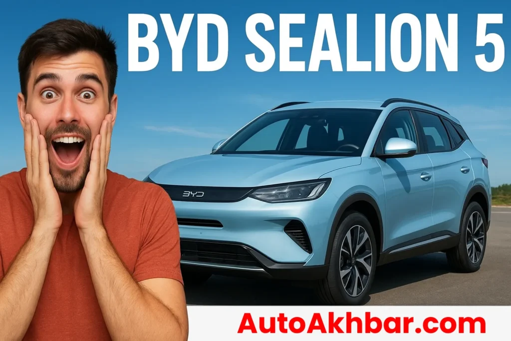 Happy man surprised beside BYD Sealion 5 SUV with bold title graphics.