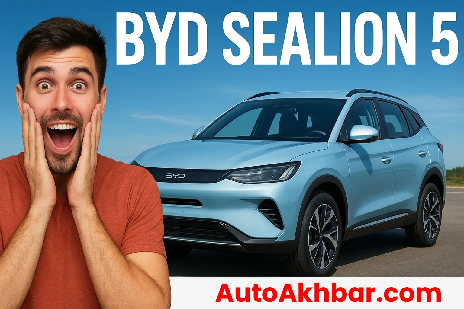 Happy man surprised beside BYD Sealion 5 SUV with bold title graphics.