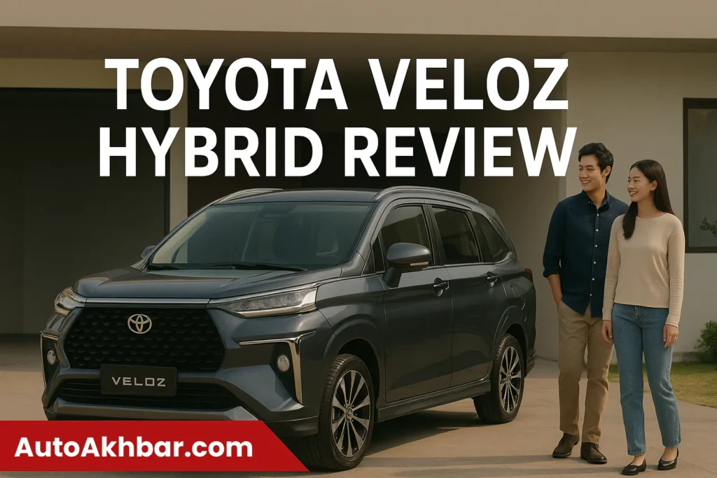 Toyota Veloz Hybrid 2025 with two people standing beside the car – AutoAkhbar.com branded featured image