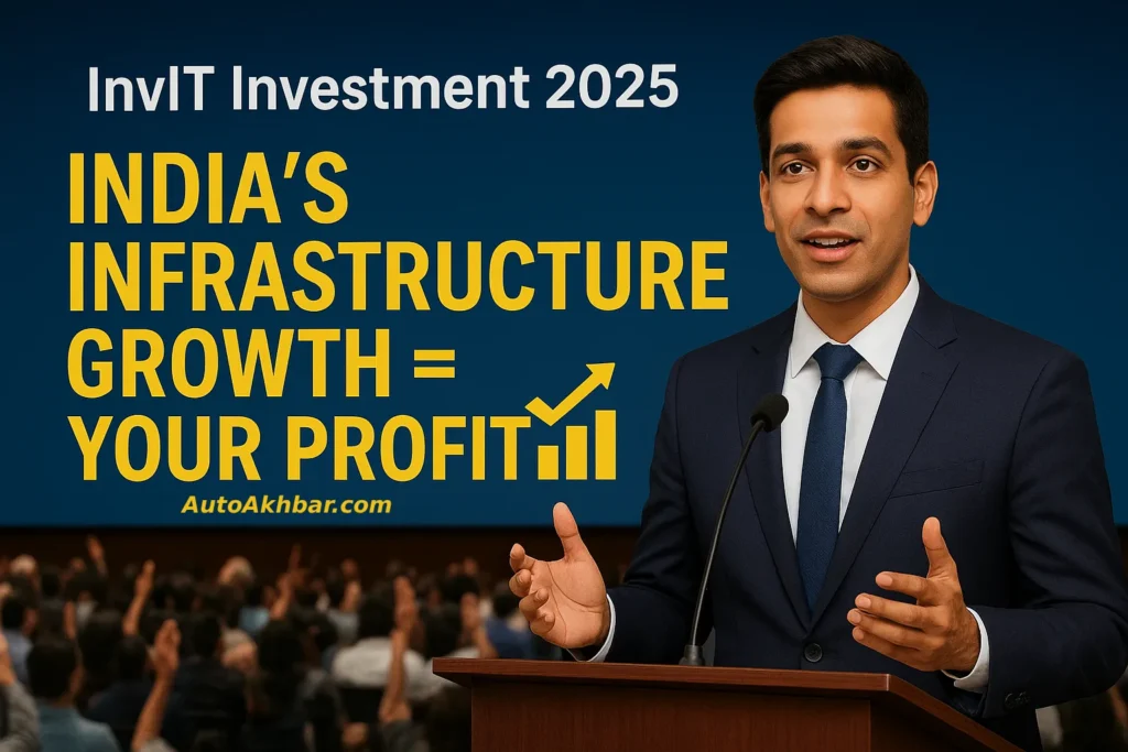 Nitin Gadkari presenting NHAI InvIT investment benefits on stage with a large InvIT board behind him and public audience looking happy