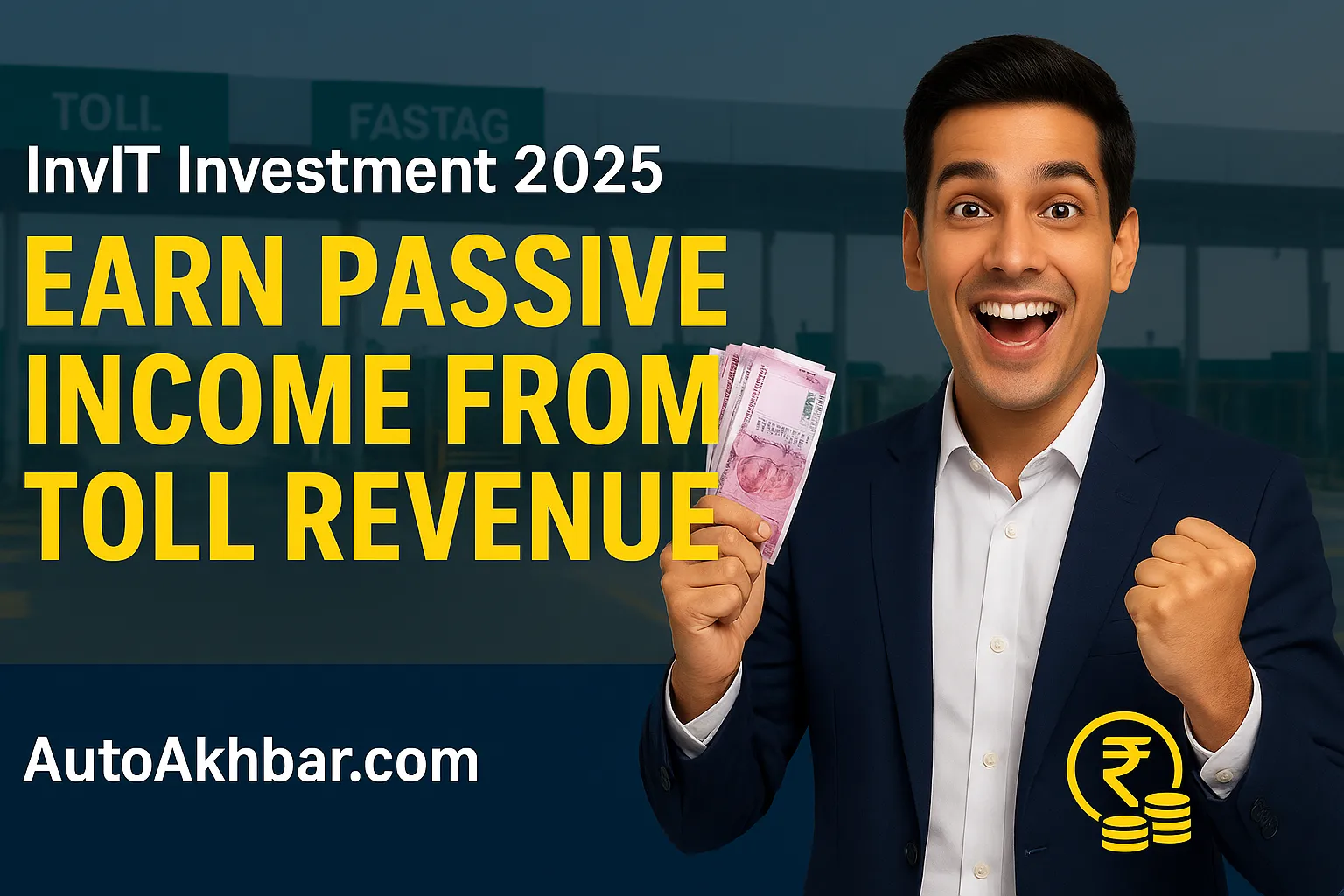 Young Indian man holding cash at a toll plaza promoting InvIT investment 2025 and passive income from toll revenue – AutoAkhbar
