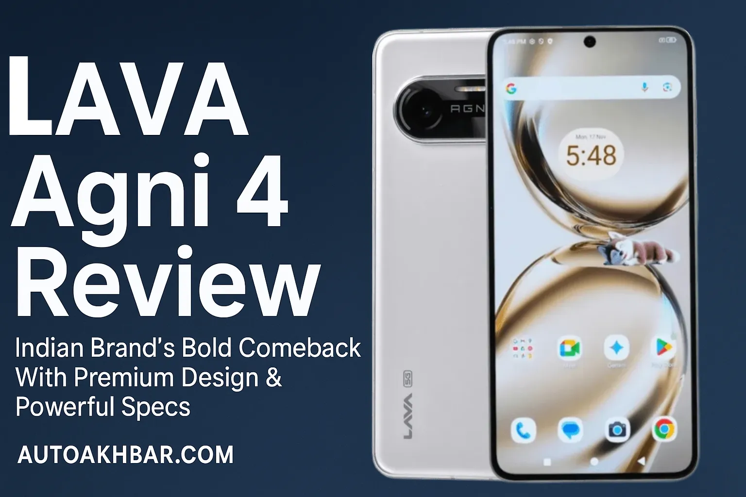 LAVA Agni 4 smartphone front and back view with AutoAkhbar.com branding for review