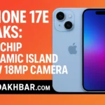 iPhone 17e leaks promotional graphic showing Dynamic Island, dual camera, A19 chip highlights, and AutoAkhbar.com branding.