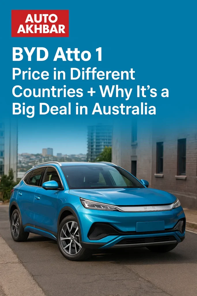 Blue BYD Atto 1 electric car parked on a city street with AutoAkhbar branding and article title overlay.