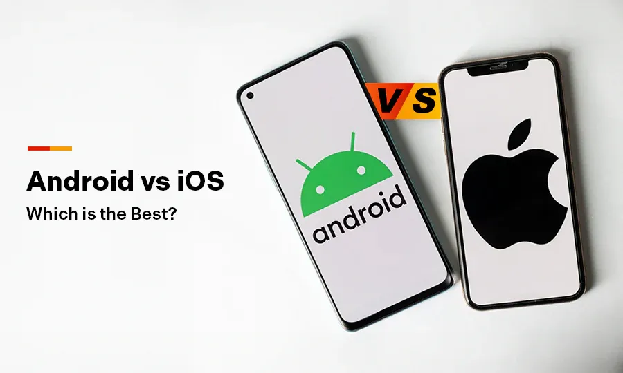 A square digital illustration showing a human figure reacting to the rivalry between Android and iOS, with an iPhone displaying the iOS 27 logo and AutoAkhbar.com branding.