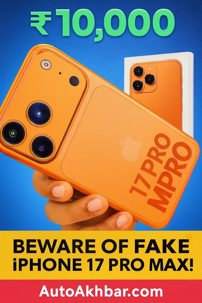 Visual warning showing fake iPhone 17 Pro Max offers like ₹75,000 Dubai pack and ₹90,000 no-GST deals with red flags.