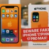 Fake vs real iPhone 17 Pro Max box and screen comparison with warning sign