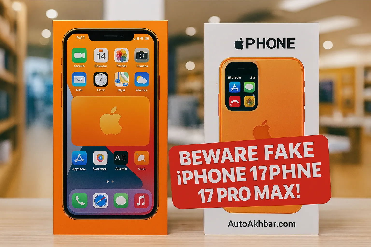 Fake vs real iPhone 17 Pro Max box and screen comparison with warning sign