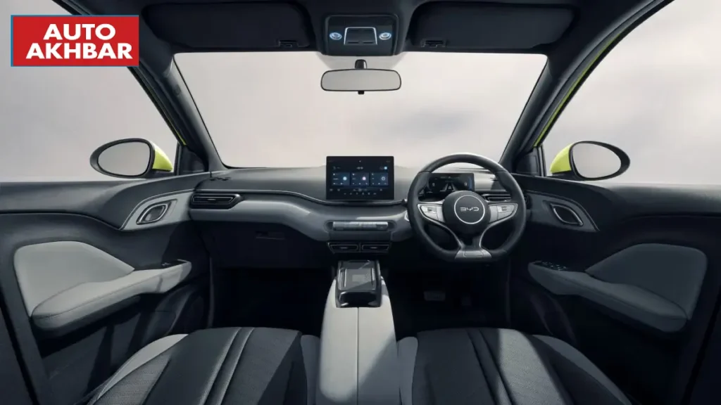 Interior view of the BYD Atto 1 showcasing dashboard, touchscreen, and premium cabin layout.