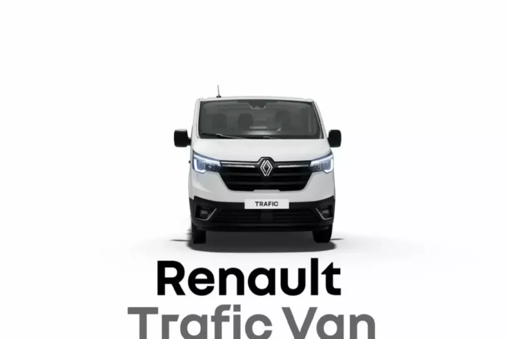 Renault Trafic E-Tech Electric van showcased with AutoAkhbar branding and bold headline design