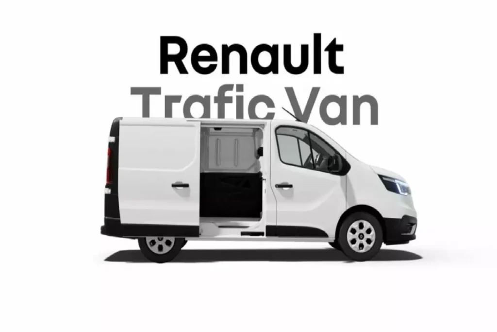 Renault Trafic E-Tech Electric van showcased with AutoAkhbar branding and bold headline design