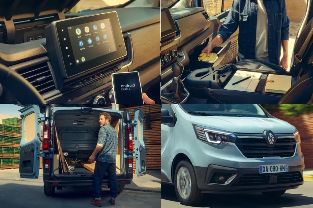 Renault Trafic E-Tech Electric van showcased with AutoAkhbar branding and bold headline design