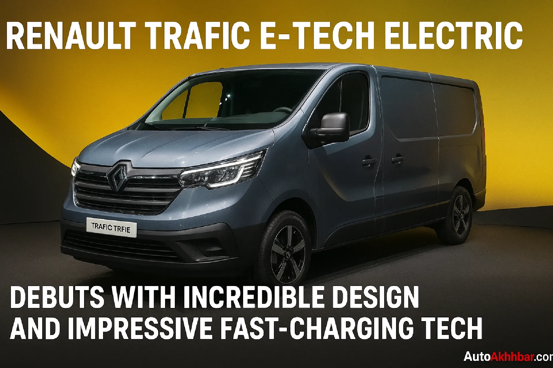 Renault Trafic E-Tech Electric van showcased with AutoAkhbar branding and bold headline design