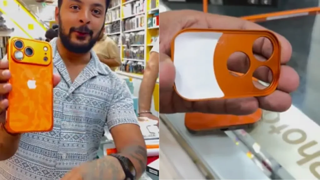 Visual warning showing fake iPhone 17 Pro Max offers like ₹75,000 Dubai pack and ₹90,000 no-GST deals with red flags.