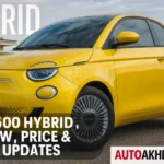 Yellow Fiat 500 Hybrid 2025 model with review title and AutoAkhbar.com branding