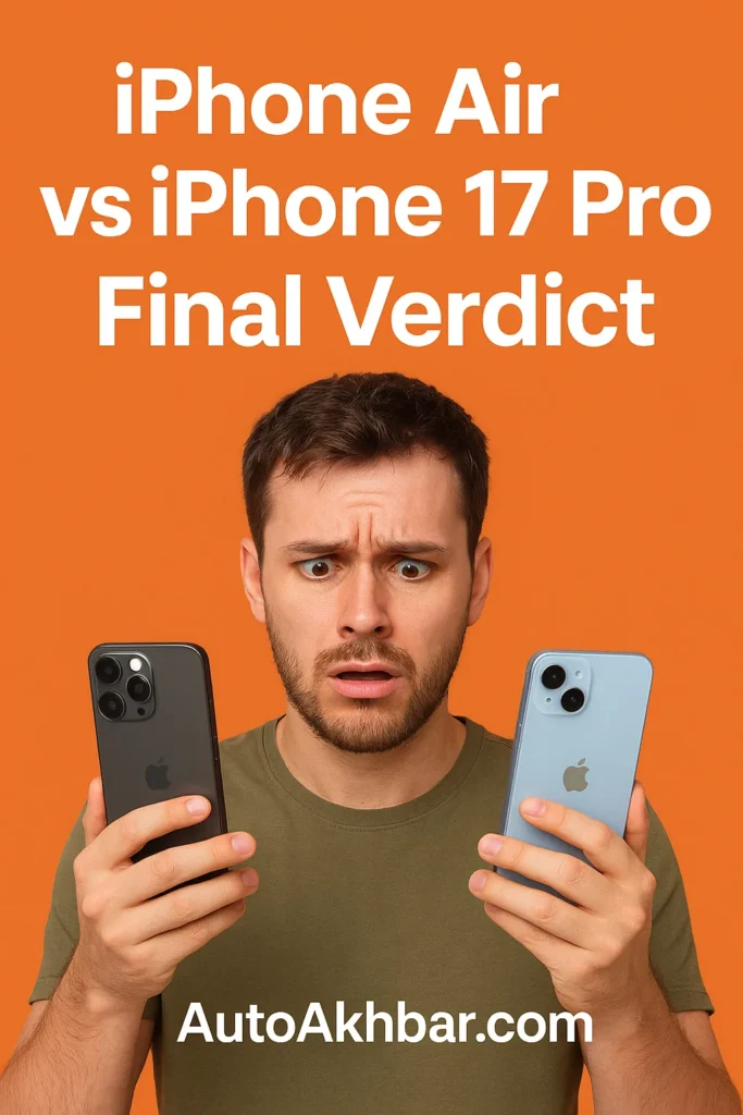 Confused man comparing iPhone Air and iPhone 17 Pro with AutoAkhbar.com branding