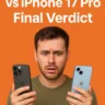 Confused man comparing iPhone Air and iPhone 17 Pro with AutoAkhbar.com branding
