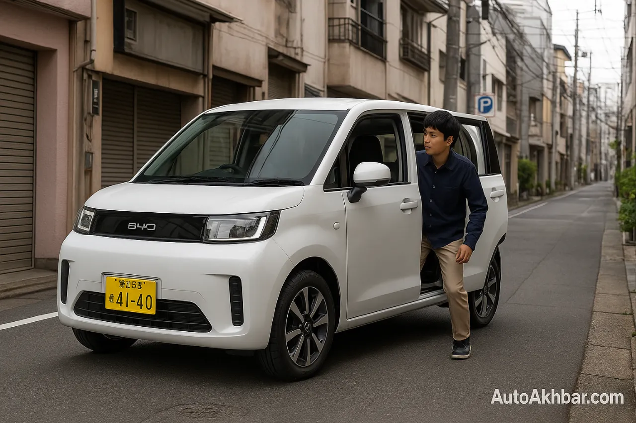 BYD Racco electric kei car in white with a man entering through sliding door on a narrow street in Japan