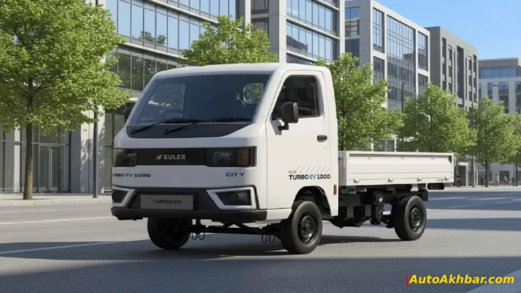Euler Turbo EV 1000 cargo electric vehicle in white color with pricing and range details displayed – AutoAkhbar.com