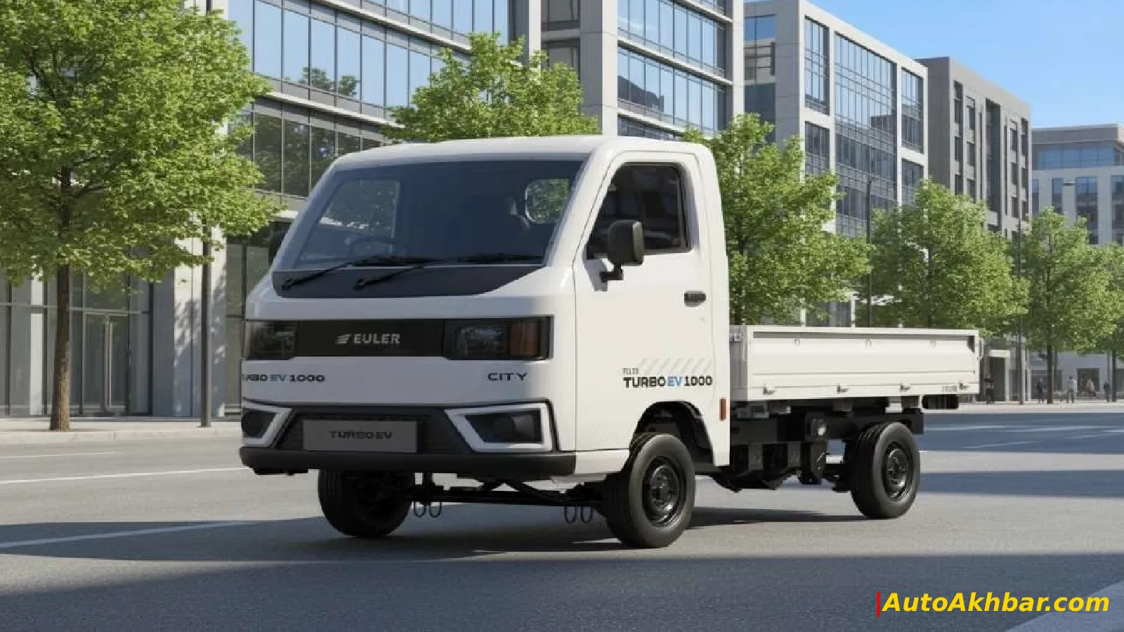 Euler Turbo EV 1000 cargo electric vehicle in white color with pricing and range details displayed – AutoAkhbar.com