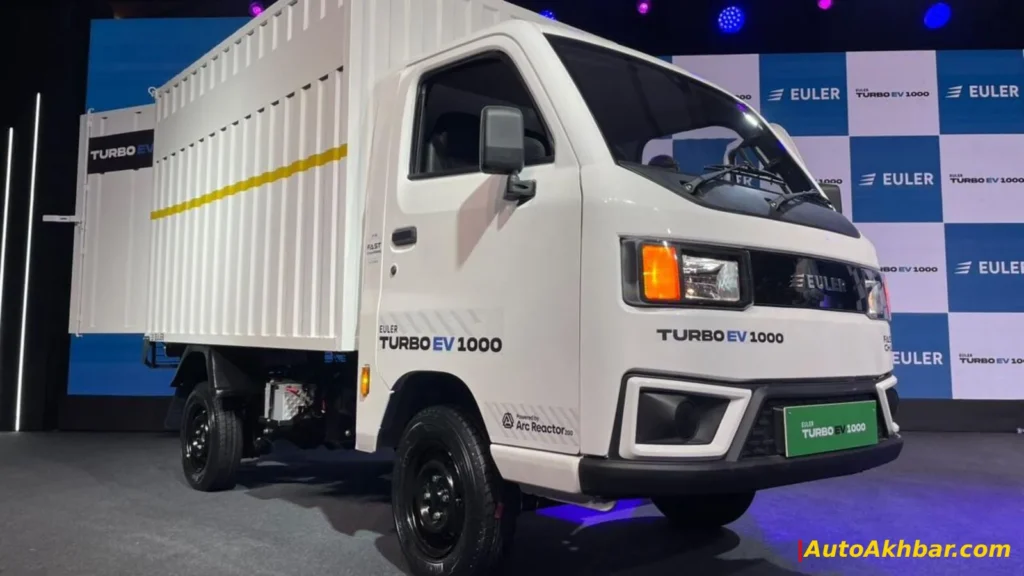 Euler Turbo EV 1000 cargo electric vehicle in white color with pricing and range details displayed – AutoAkhbar.com
