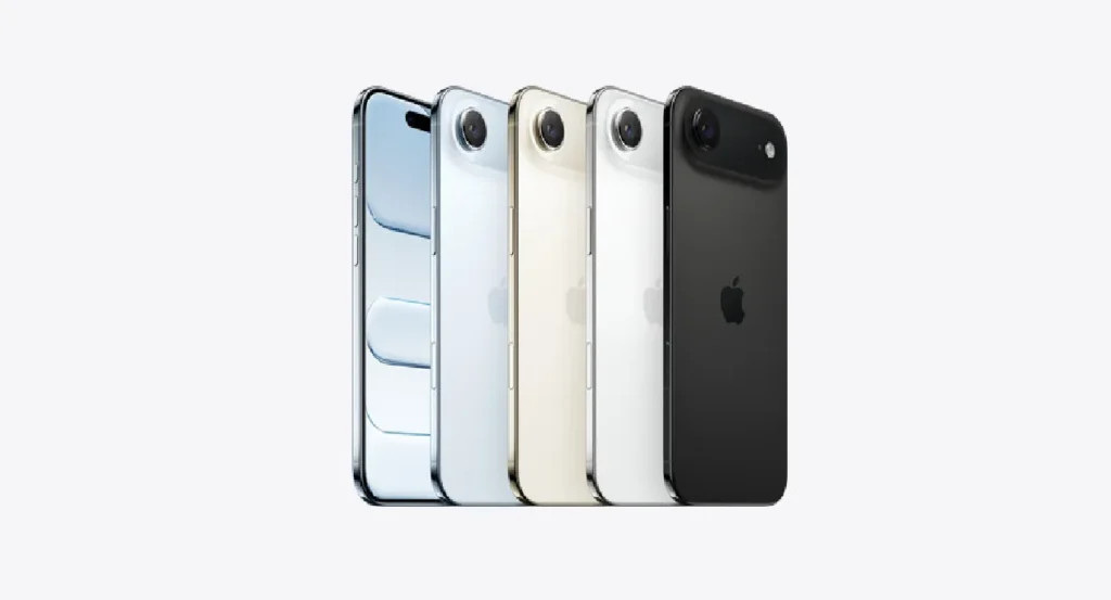 Confused man comparing iPhone Air and iPhone 17 Pro with AutoAkhbar.com branding