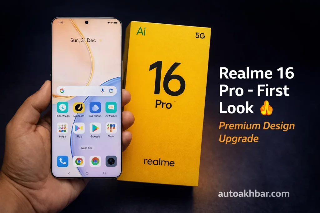 Realme 16 Pro first look showing phone design and retail box ahead of India launch