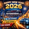 Autoakhbar.com Happy New Year 2026 featured image showing future auto, EV and tech vision