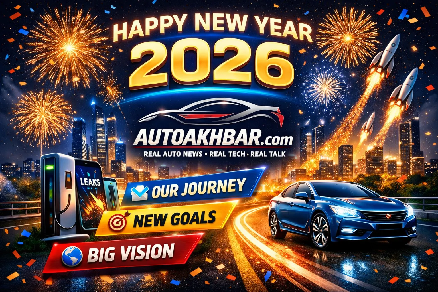 Autoakhbar.com Happy New Year 2026 featured image showing future auto, EV and tech vision