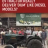 Workers standing with the Maxgreen Electric Tractor in front of the company board for the Maxgreen EV tractor review.