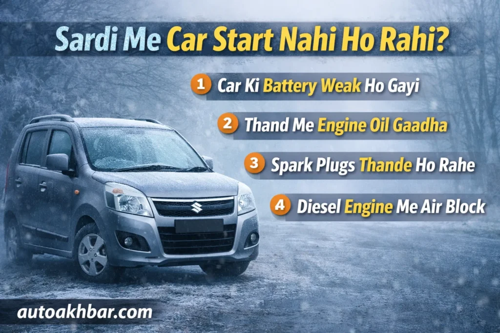 Winter car problems including weak battery, thick engine oil and ignition failure