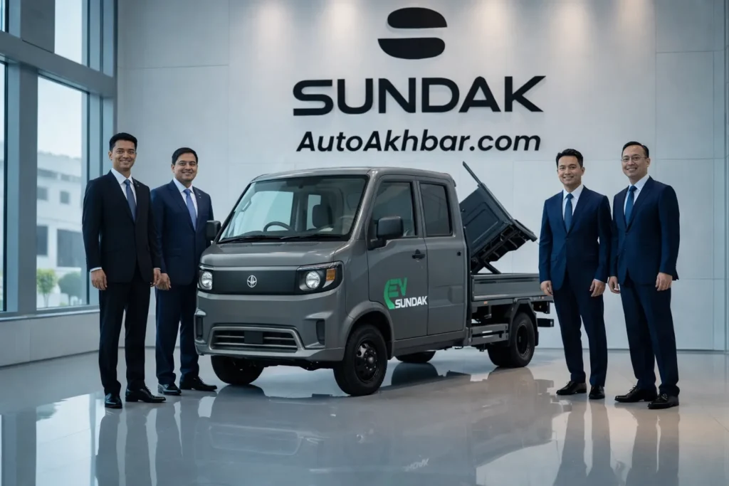 Sundak Electric Mini Truck launched at event with four business leaders showcasing full-size electric truck with hydraulic loading system