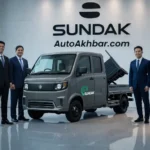 Sundak Electric Mini Truck launched at event with four business leaders showcasing full-size electric truck with hydraulic loading system