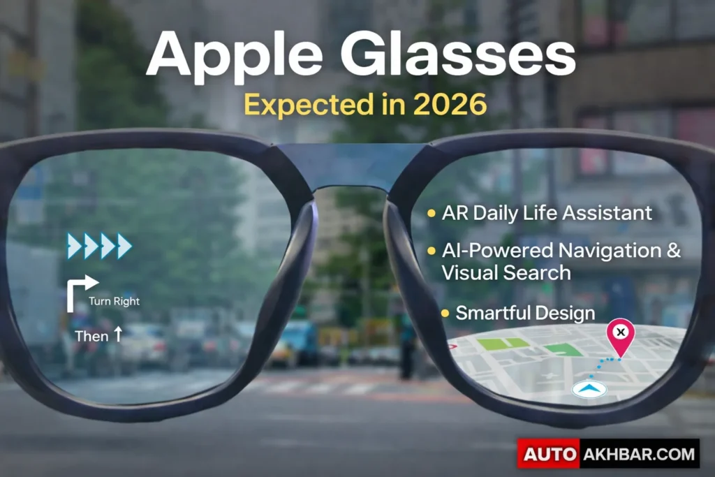 Apple Glasses showing AR navigation and real-world overlay with AI powered interface