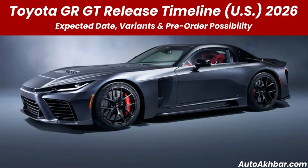 Toyota GR GT sports car in dark metallic finish with aerodynamic design, black alloy wheels, and red brake calipers, showcased against a neutral gradient background.