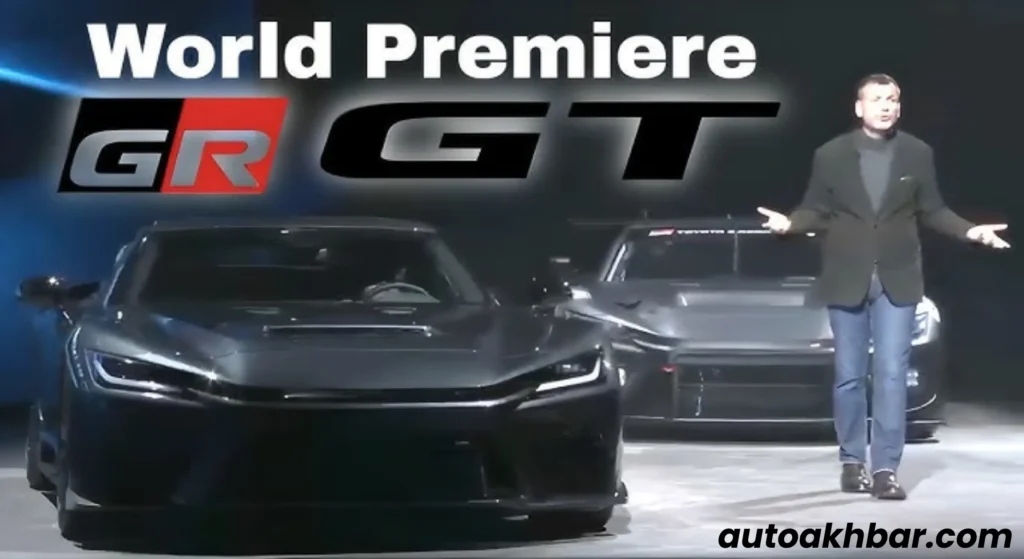 World premiere of Toyota GR GT featuring two black sports cars on stage with presenter and Gazoo Racing branding.