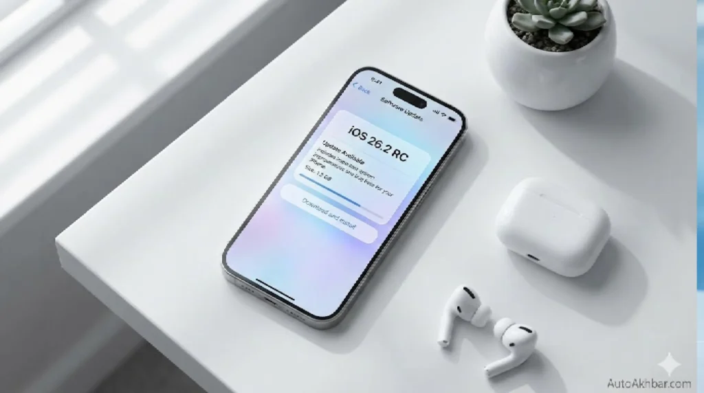 iPhone displaying iOS 26.2 RC update details with AutoAkhbar.com watermark
