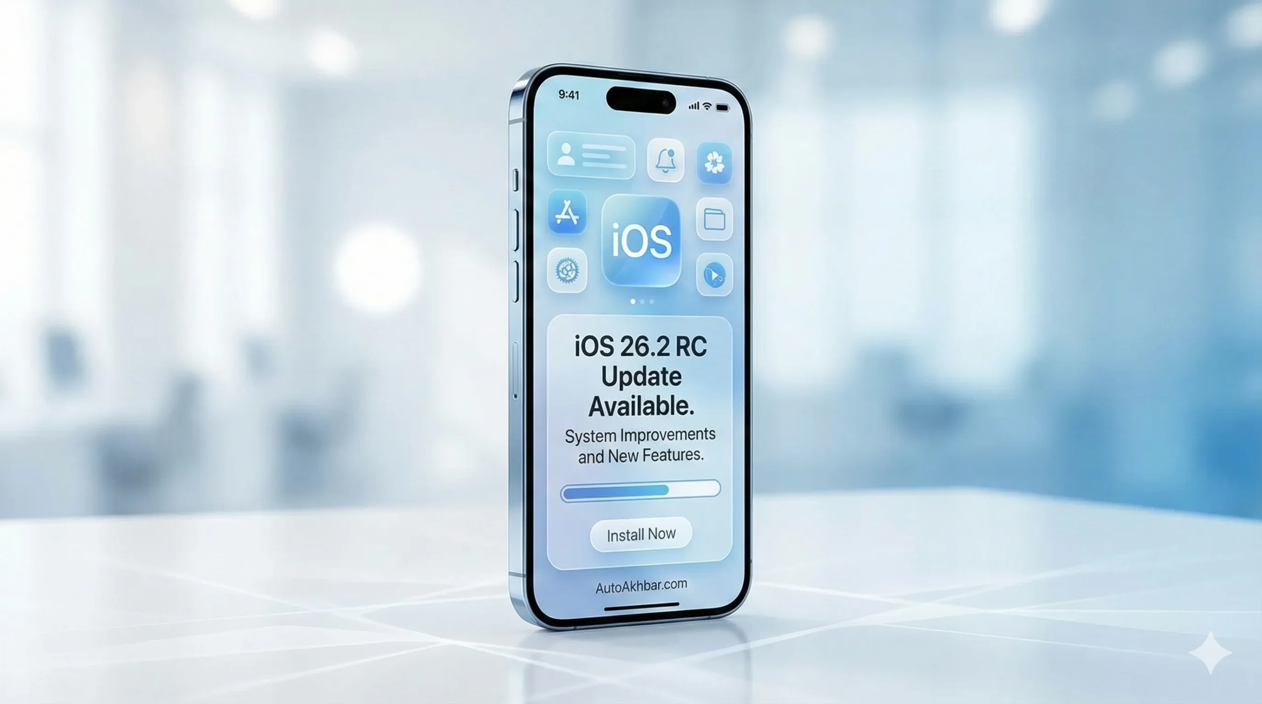 iOS 26.2 RC update screen on iPhone with AutoAkhbar.com branding