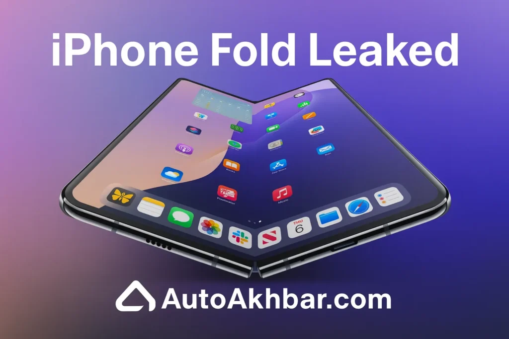 iPhone Fold leaked concept render with dual-screen foldable design and AutoAkhbar.com branding.