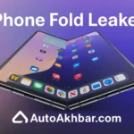 iPhone Fold leaked concept render with dual-screen foldable design and AutoAkhbar.com branding.