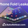 iPhone Fold leaked concept render with dual-screen foldable design and AutoAkhbar.com branding.