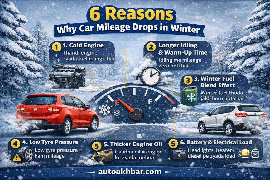 Six reasons why car mileage drops in winter including cold engine, idling, winter fuel, low tyre pressure and thick engine oil